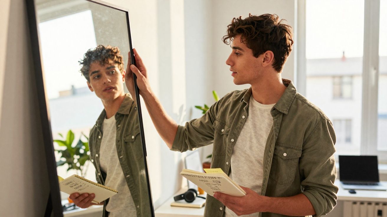 Jovem a olhar para um espelho enquanto segura um caderno num ambiente luminoso e moderno.