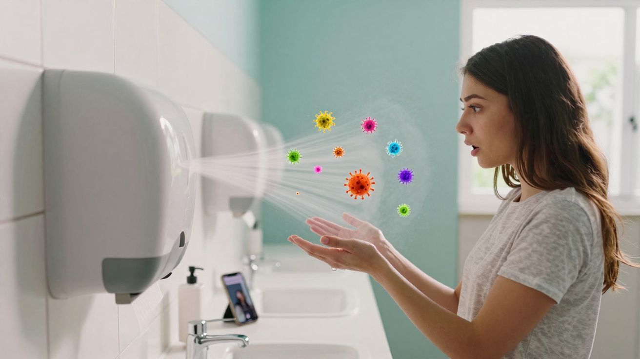 Mulher num WC a secar as mãos com secador, com vírus coloridos ilustrados no ar entre mãos e secador.