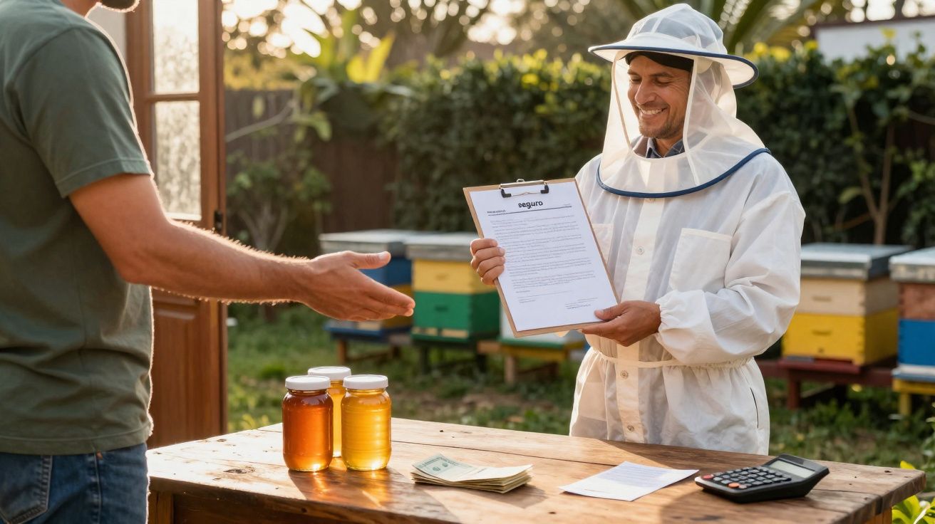 Apicultor de fato mostrando contrato a cliente ao vender frascos de mel em apicultura ao ar livre.