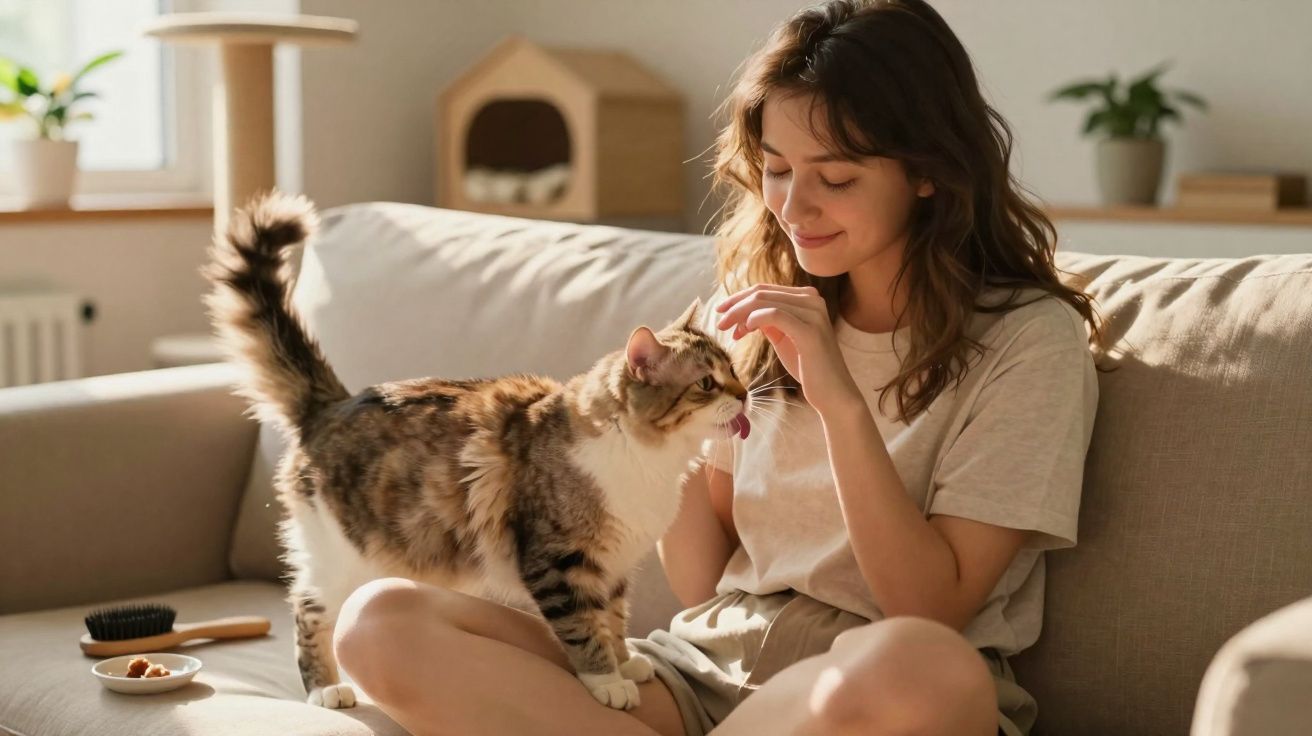 Mulher sentada no sofá a acariciar um gato toupeira que está a lamber a sua mão.