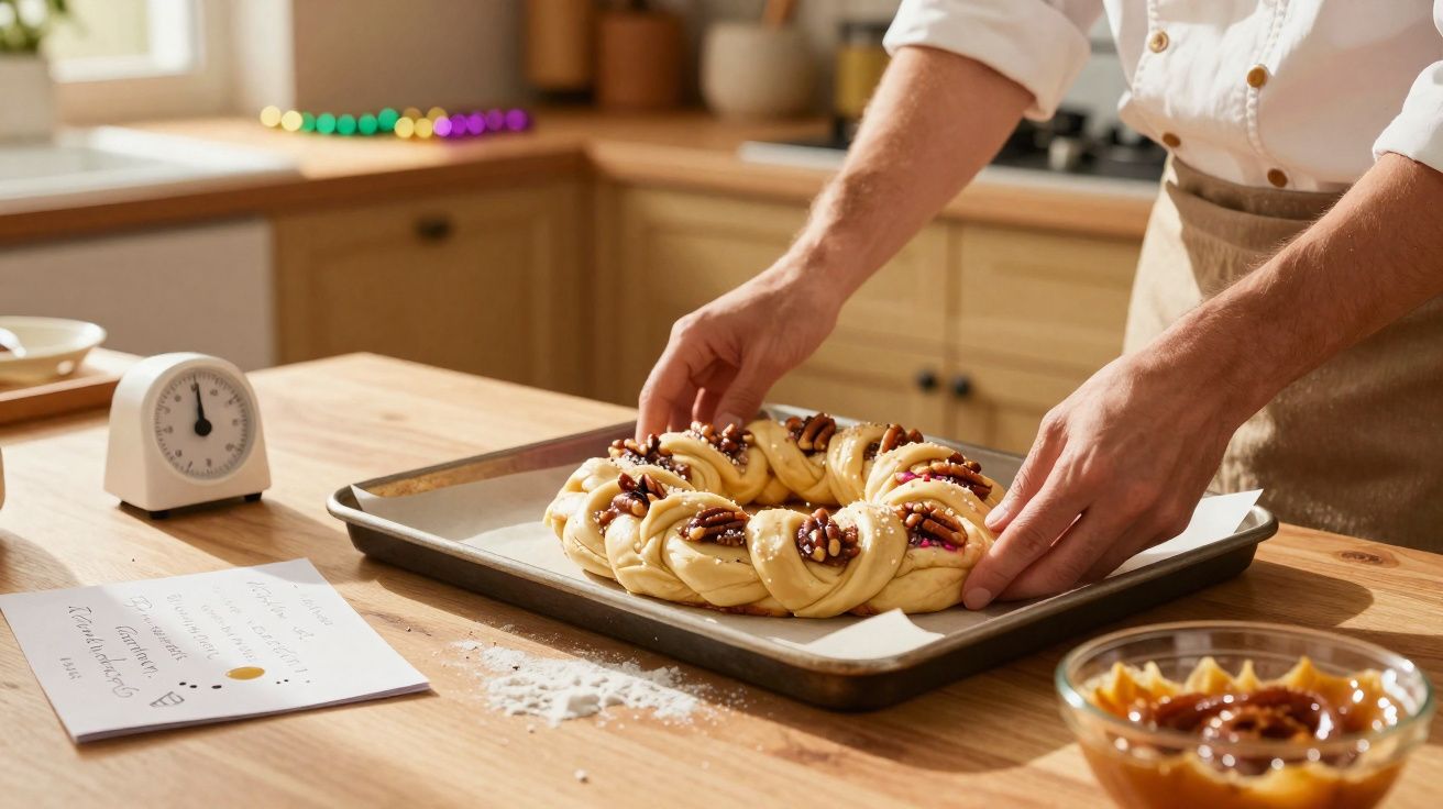 Pessoas a preparar um doce torcido com nozes numa tabuleiro na cozinha.