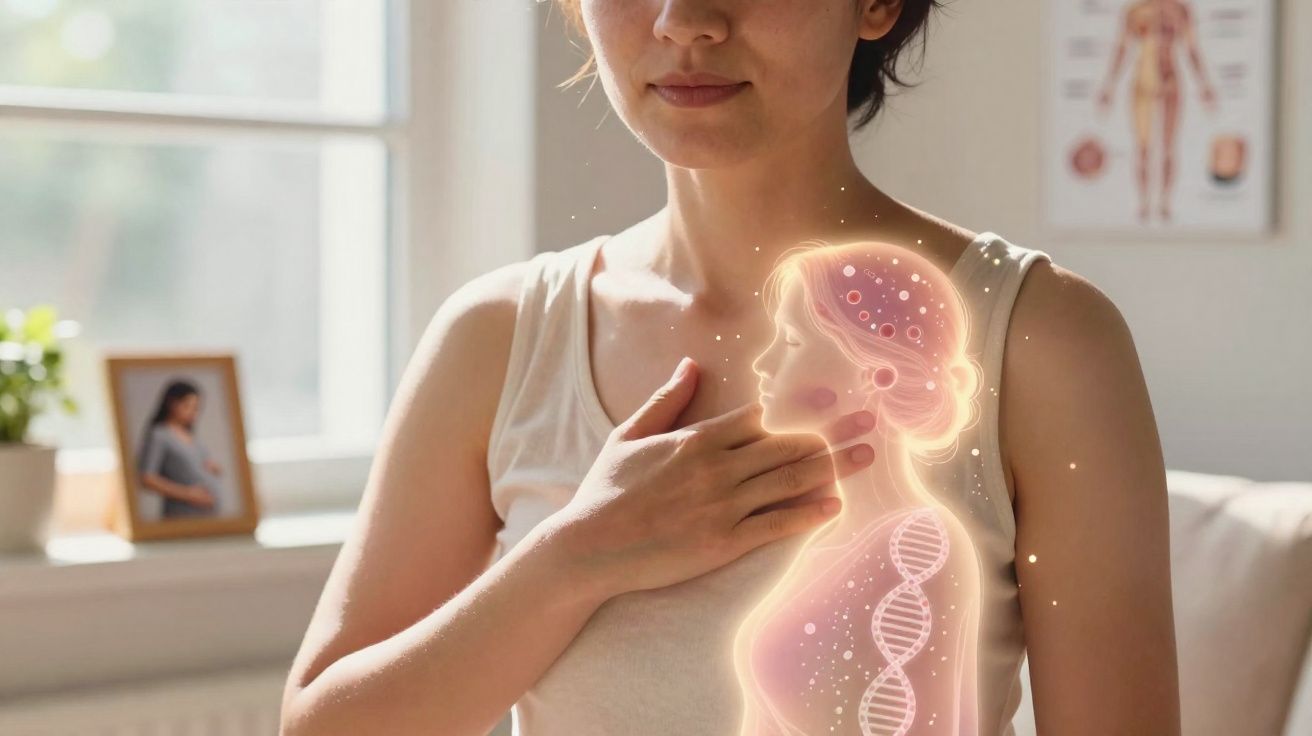 Mulher a tocar o peito com holograma do corpo humano e hélice de ADN visível.