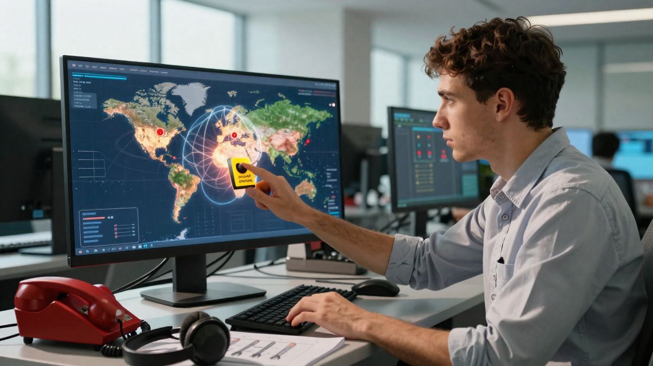Homem a analisar mapa digital com pontos de ameaça e linhas de conexão numa estação de controlo moderna.