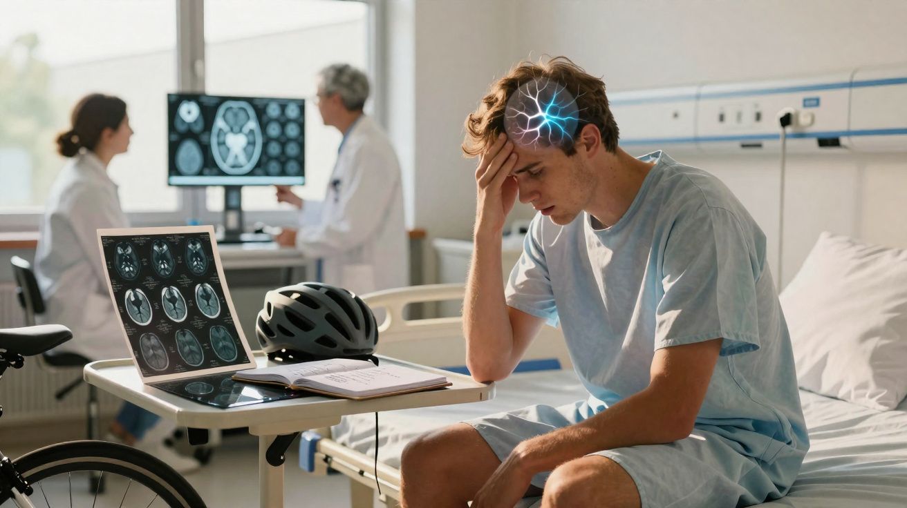 Homem com dor de cabeça sentado na cama de hospital, com exames cerebrais e médicos ao fundo.