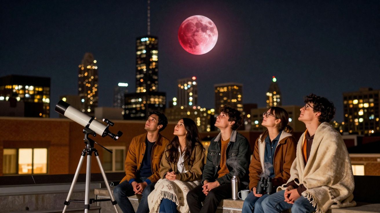 Cinco pessoas observam uma superlua vermelha na cidade à noite, junto a um telescópio.