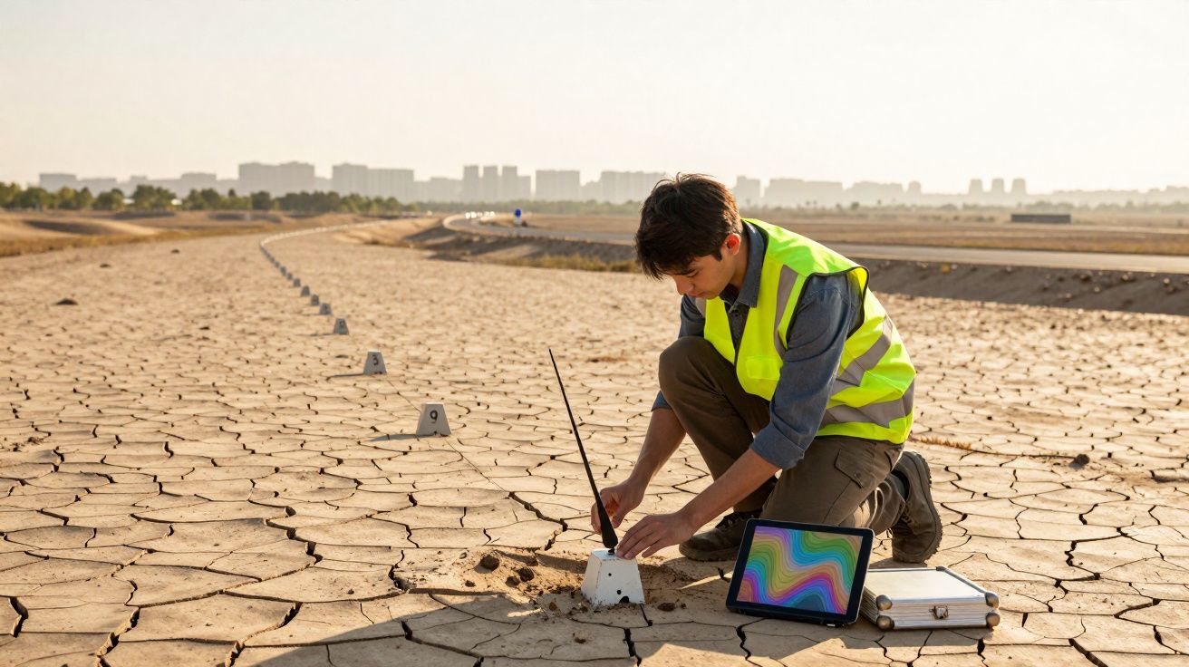 Homem com colete refletor instala equipamento de monitorização num solo seco e rachado ao ar livre.
