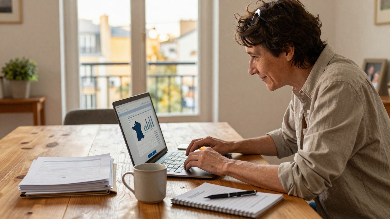 Pessoa a trabalhar em computador portátil numa mesa com documentos, caderno e caneca, perto de janela iluminada.