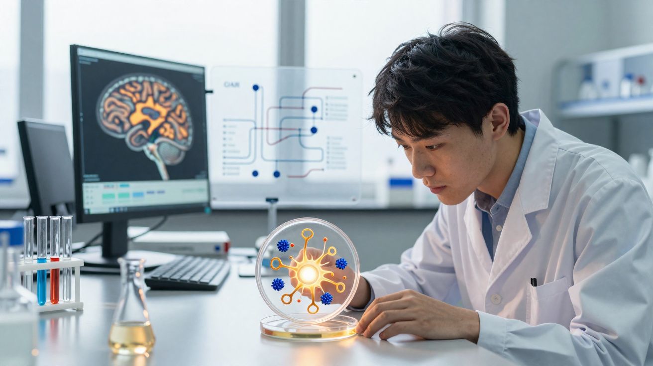 Cientista asiático em laboratório a estudar modelo de vírus com cérebro humano numa tela ao fundo.