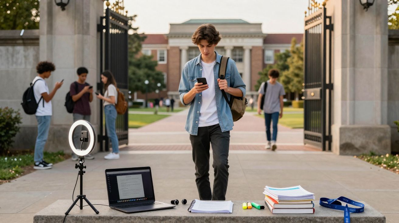Estudante junto a portátil e livros numa universidade, a olhar para o telemóvel num campus ao ar livre.