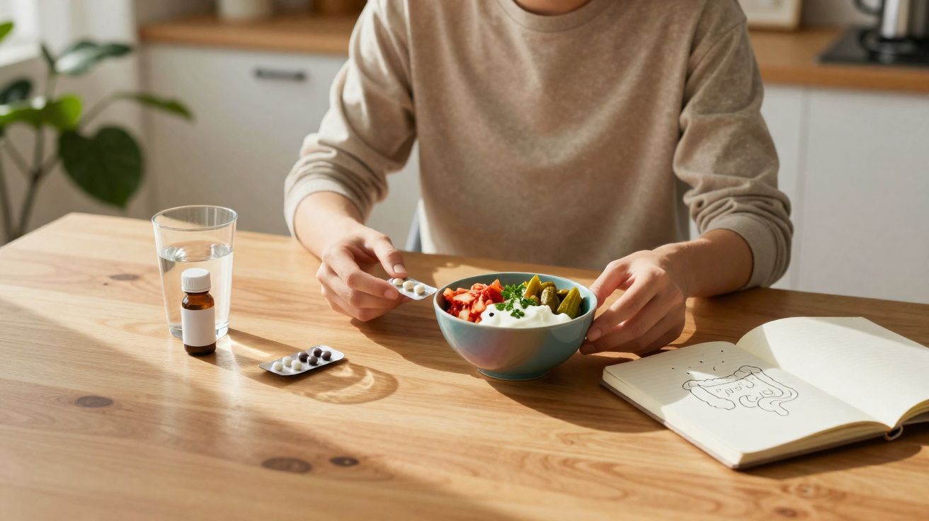 Pessoa sentada à mesa com tigela de comida, comprimidos, garrafa, copo de água e livro aberto.