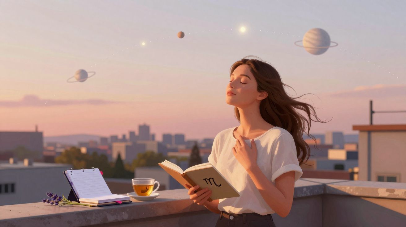 Mulher relaxa lendo livro e contempla planetas flutuantes ao pôr do sol numa esplanada urbana.