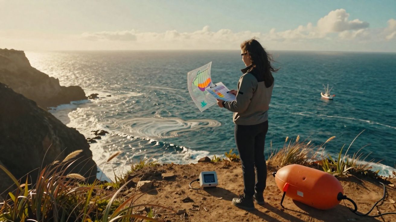 Mulher junto ao mar com gráfico e equipamentos de monitorização à beira de falésia ao pôr do sol.