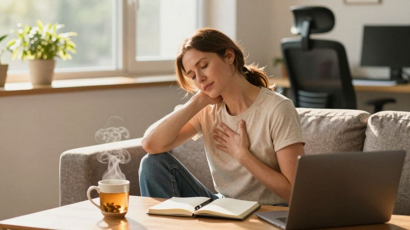 Mulher sentada no sofá, com a mão no peito e expressão de desconforto, ao lado de uma chávena de chá quente.