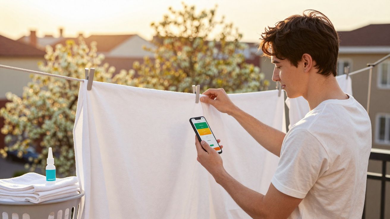 Jovem a pendurar roupa branca num estendal exterior enquanto consulta uma app no telemóvel ao pôr do sol.