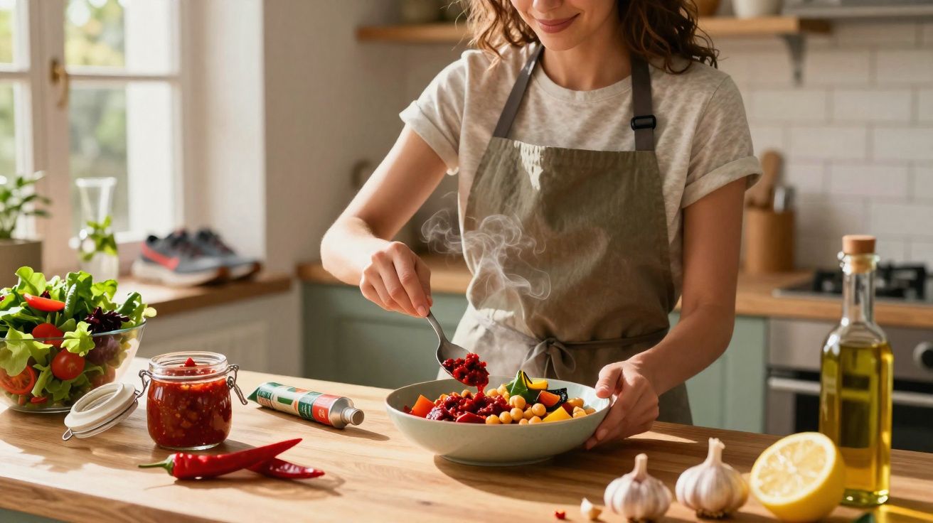 Mulher a preparar prato saudável com legumes e grão-de-bico numa cozinha iluminada e acolhedora.