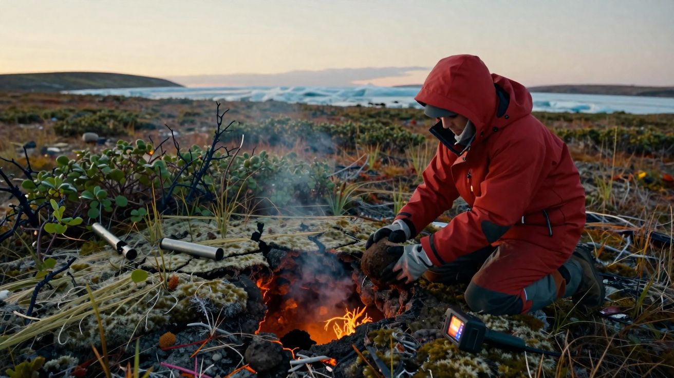 Pessoa com fato vermelho a recolher pedras junto a uma fumarola num cenário natural rochoso e vegetação rasteira.