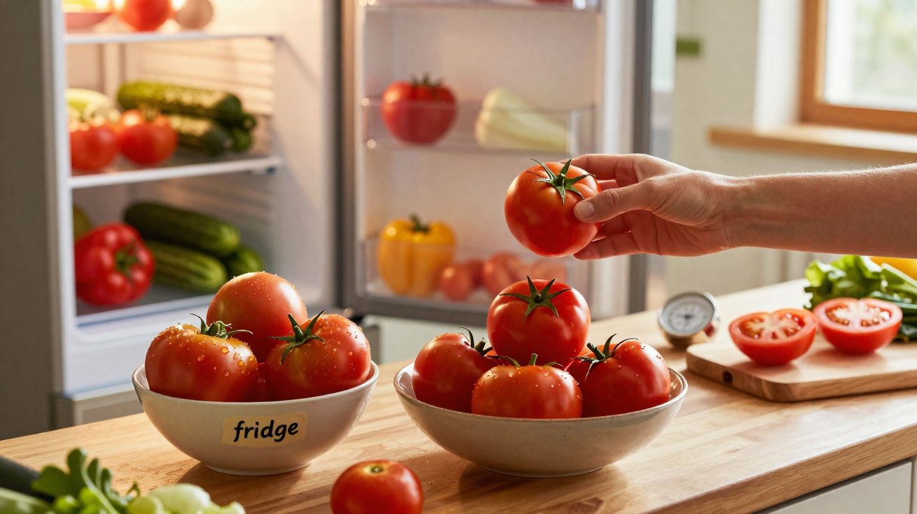 Mão a pegar tomate numa bancada com várias tigelas de tomates frescos e frigorífico aberto ao fundo.
