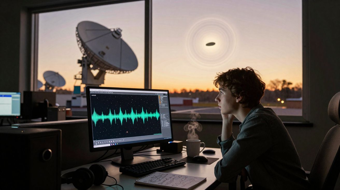 Pessoa analisa gráficos de ondas sonoras num computador, com antenas parabólicas ao fundo ao entardecer.