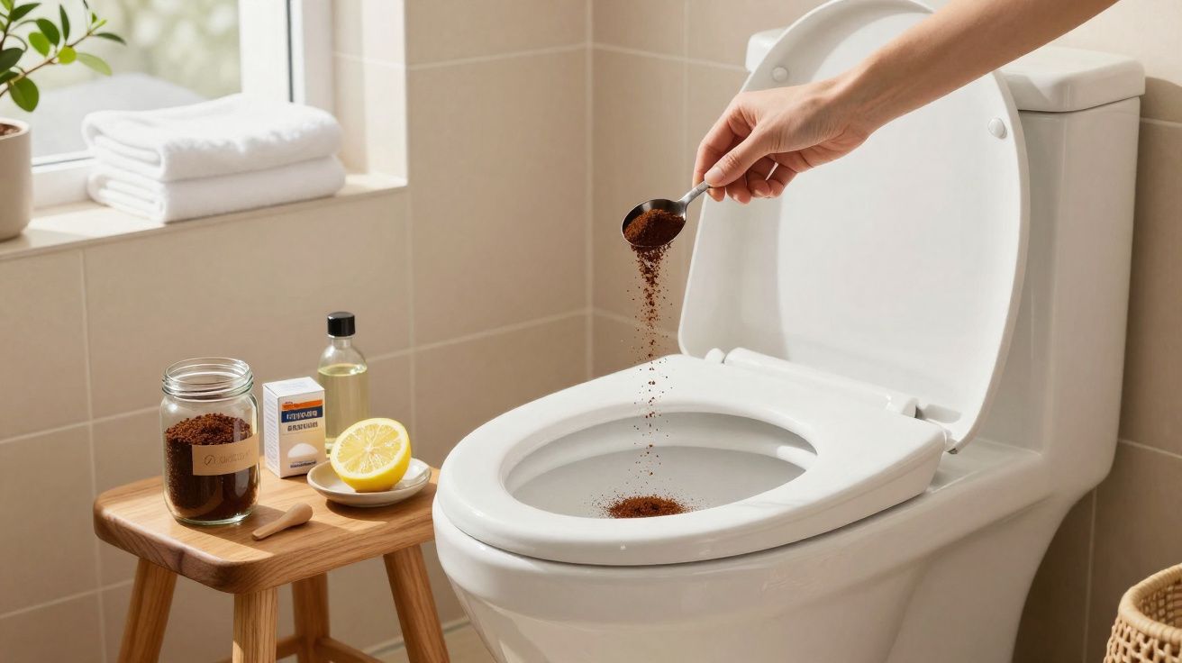 Pessoa a deitar borra de café no interior de sanita num casa de banho moderna e iluminada.