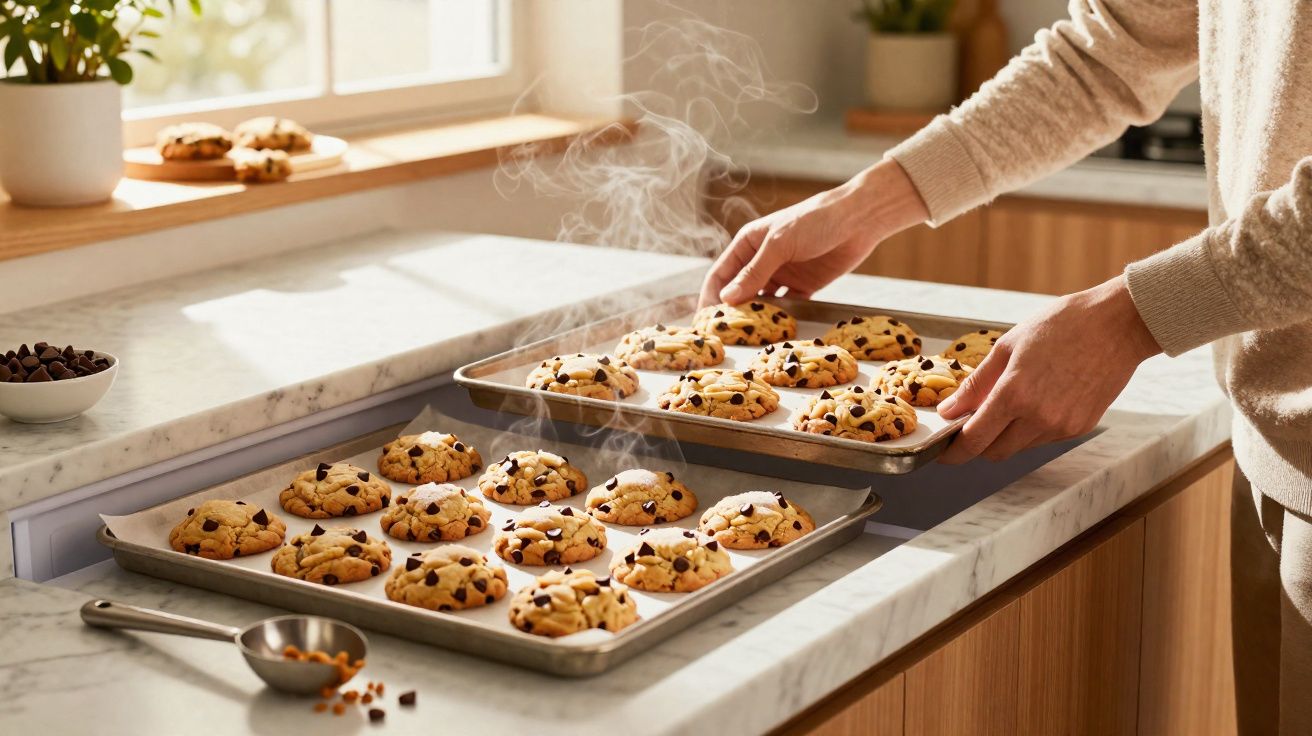 Mãos a retirar tabuleiro com bolachas quentes com pepitas de chocolate numa cozinha iluminada.