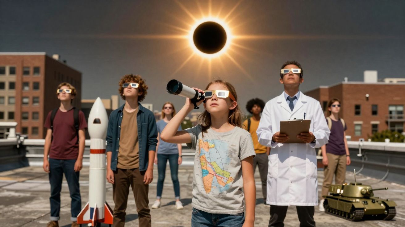 Crianças e adulto com óculos especiais observam eclipse solar, perto de foguete e tanque em telhado urbano.