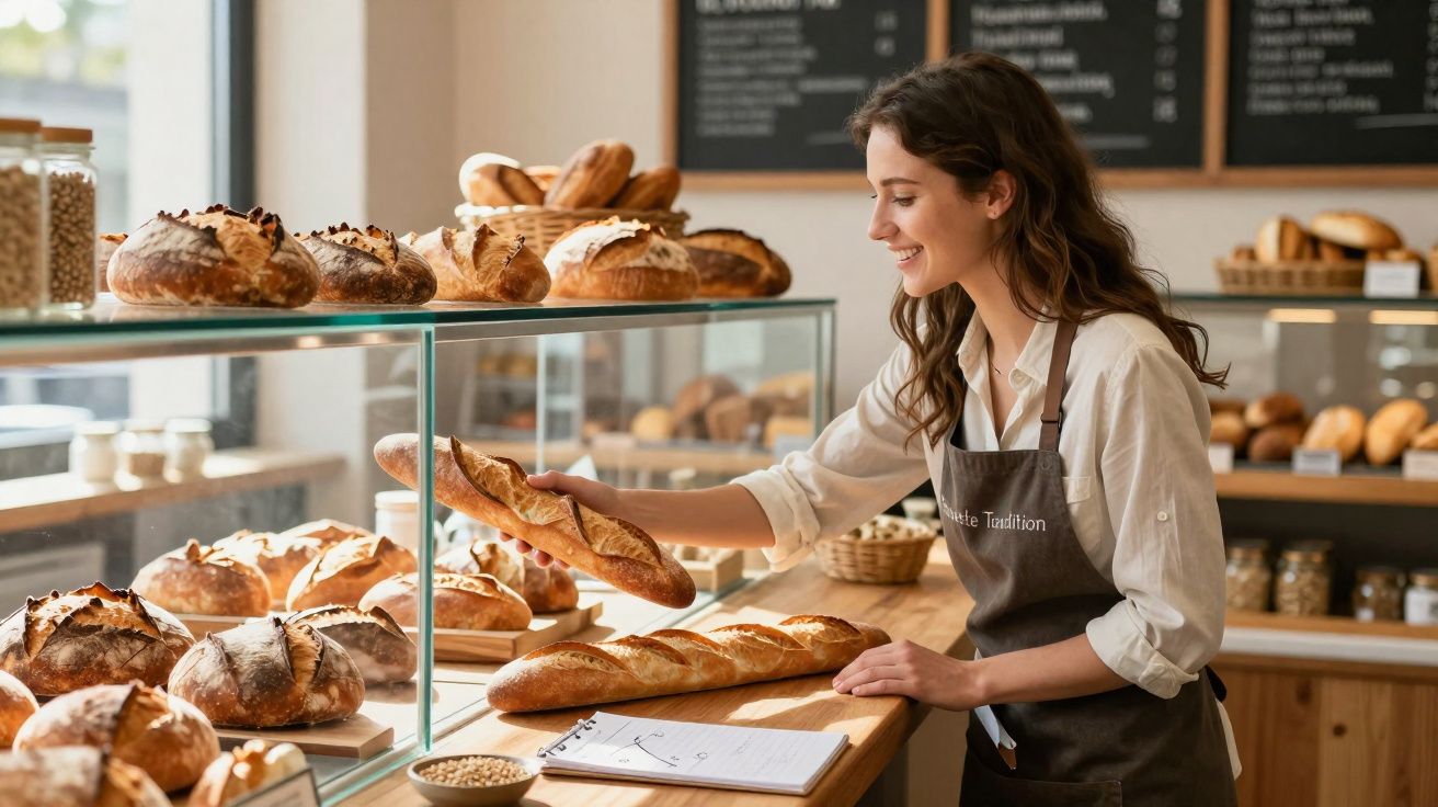 Mulher sorridente a escolher baguete numa padaria com variedade de pães expostos em vidro.