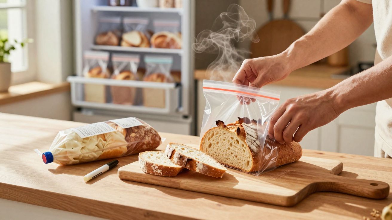 Pessoa a colocar pão quente e fumegante num saco plástico numa cozinha moderna e luminosa.