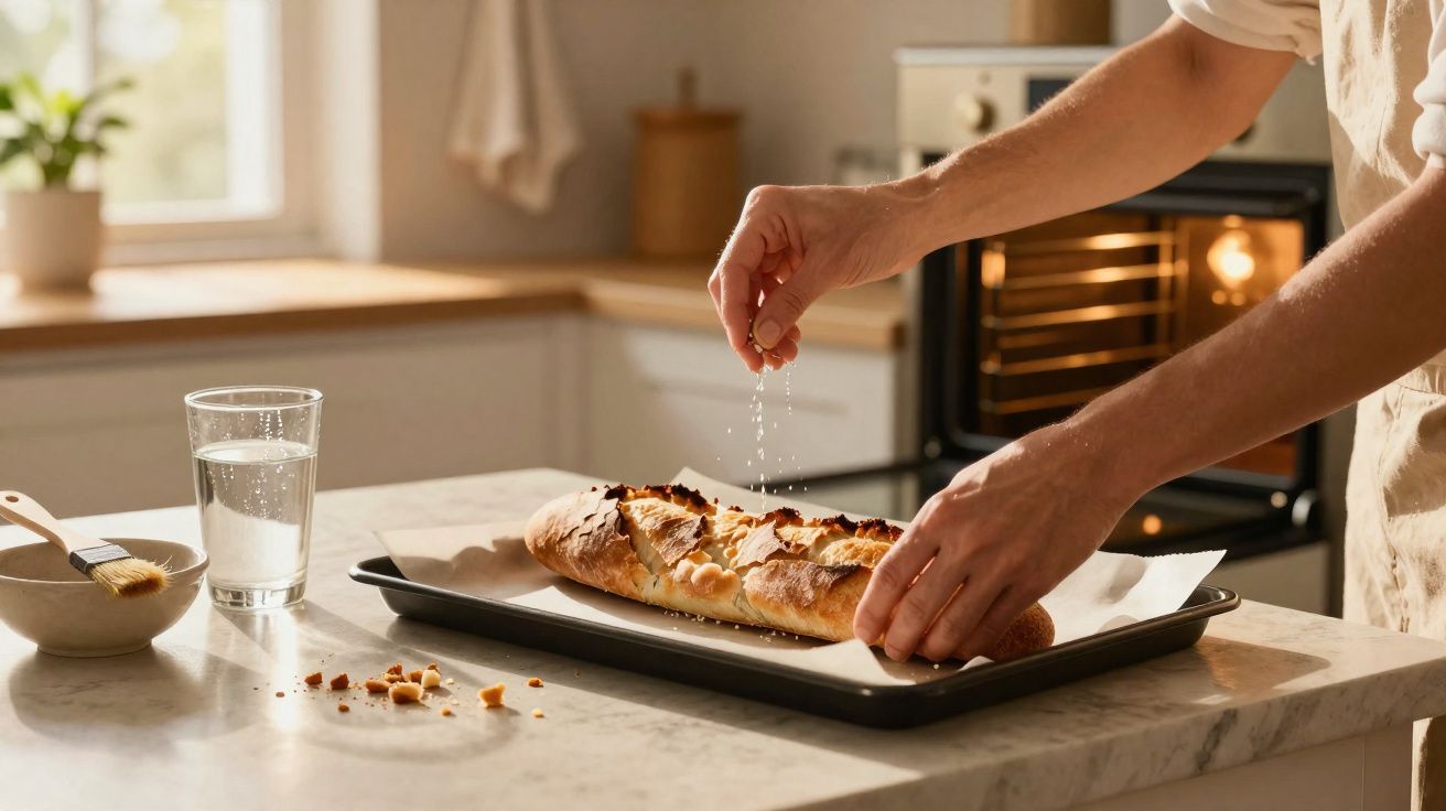 Mãos a polvilhar sal grosso sobre pão acabado de sair do forno na cozinha iluminada pela luz natural.