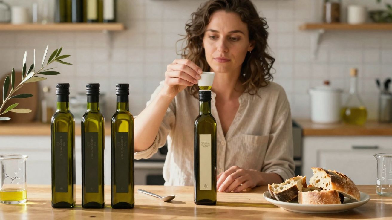 Mulher a fechar garrafa de azeite numa cozinha moderna com pão e três garrafas à sua frente.