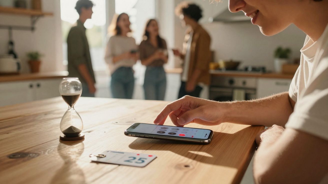 Pessoa a usar smartphone numa mesa de madeira com ampulheta, cartão com o número 25 e grupo a conversar ao fundo.