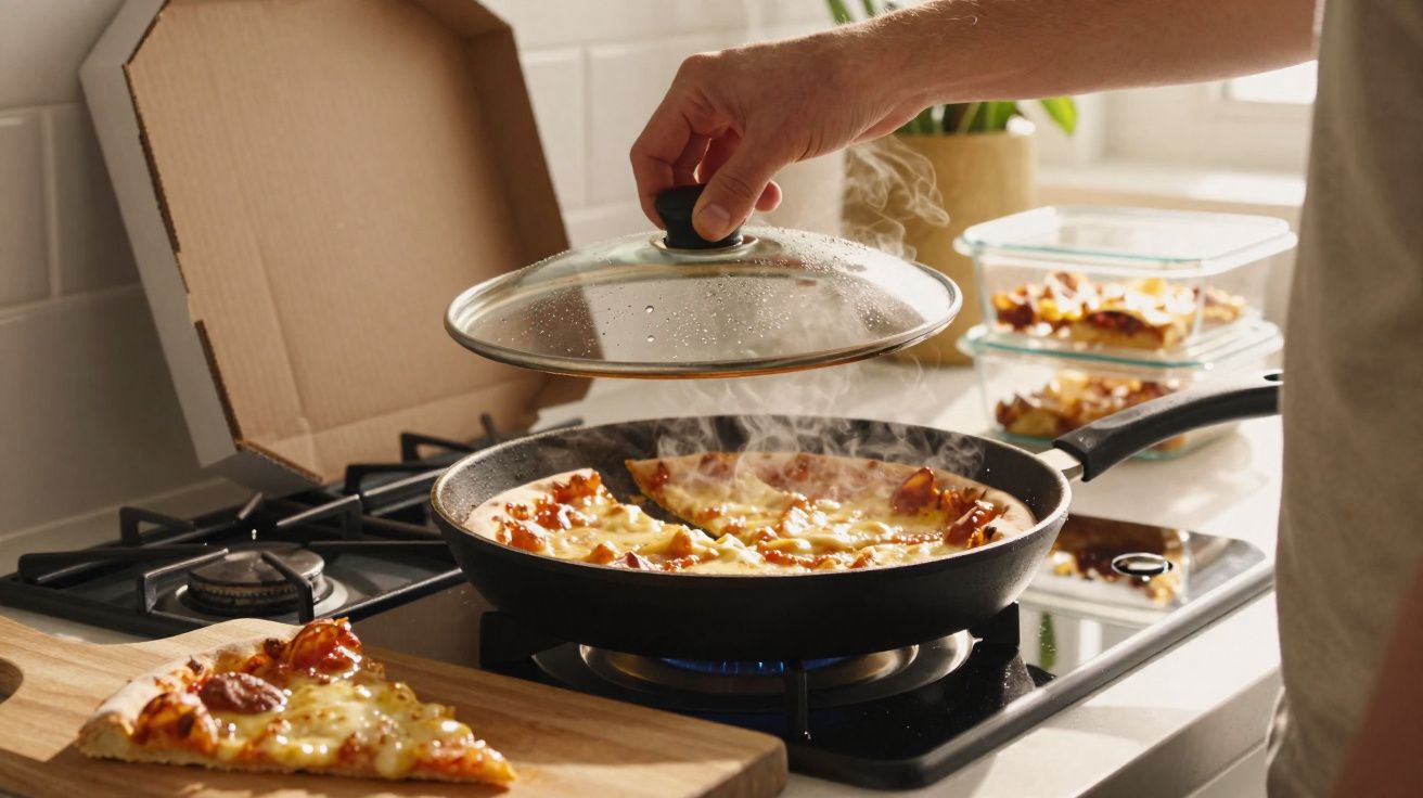 Mão a levantar tampa de frigideira com pizza a cozinhar no fogão a gás, fatia de pizza numa tábua de madeira.