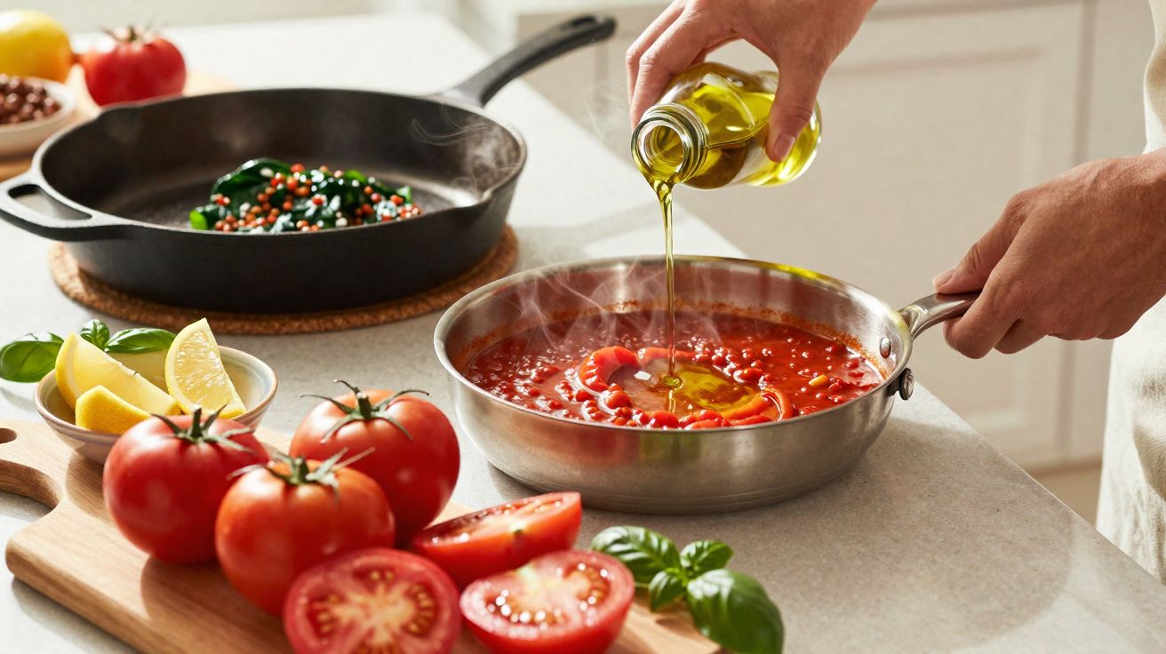 Mãos a deitar azeite numa frigideira com molho de tomate, tomates frescos e ervas numa bancada.