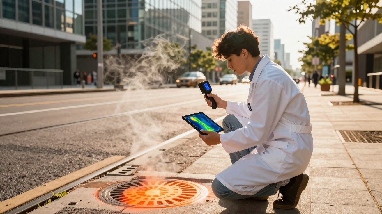 Técnico com bata branca analisa com equipamento térmico vapor a sair de uma grelha na rua da cidade.