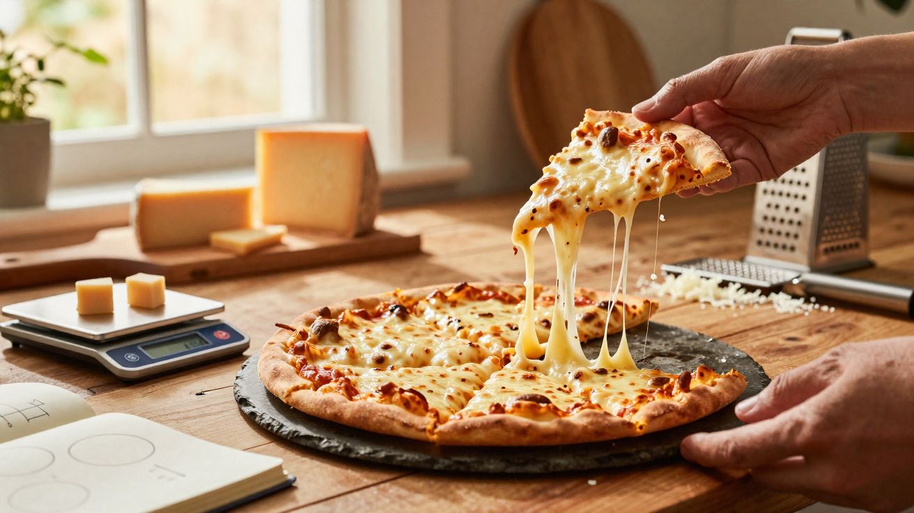 Pessoa a levantar uma fatia de pizza com queijo derretido numa cozinha rústica iluminada pela luz natural.