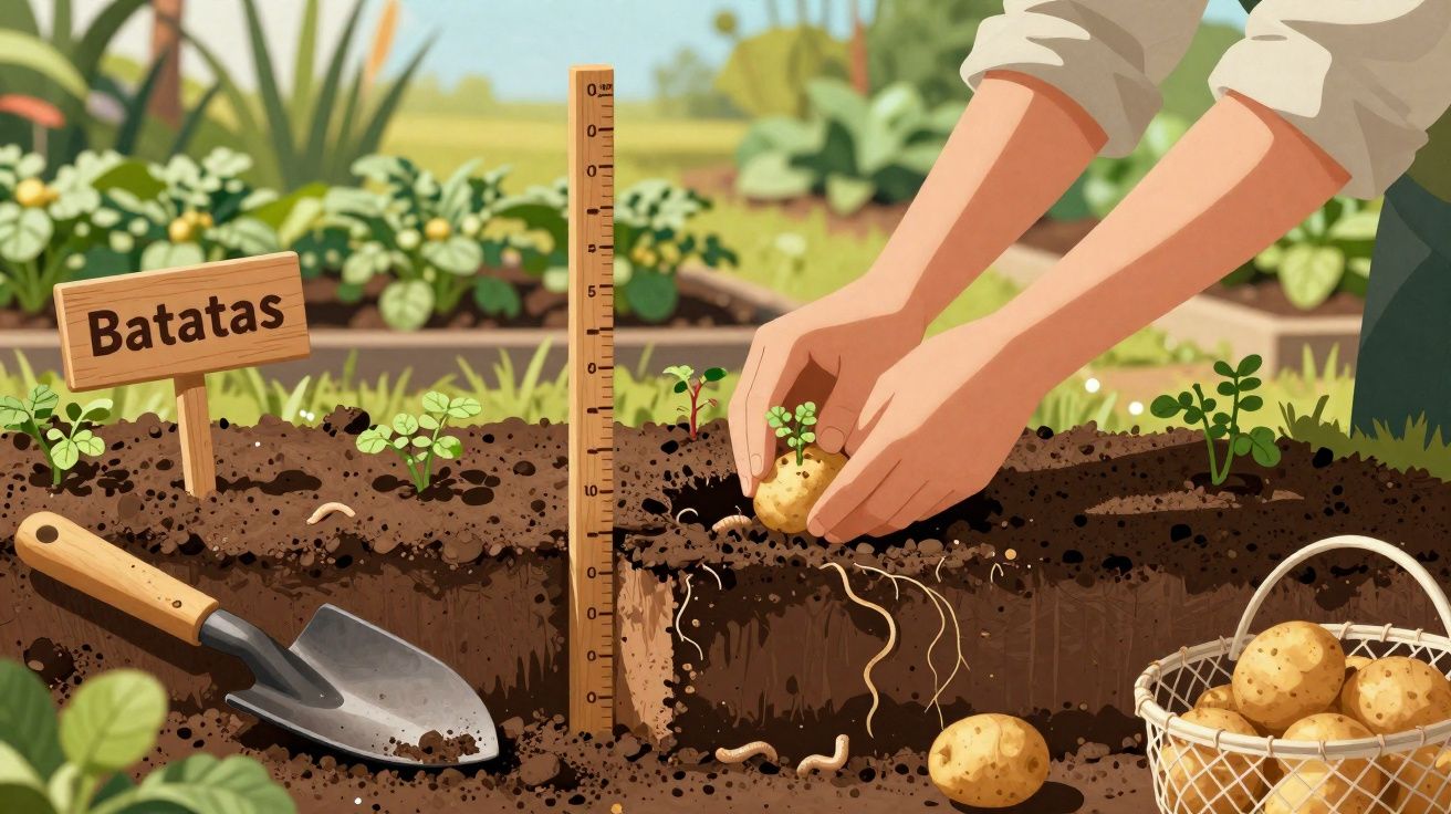 Pessoa a plantar batatas na terra com uma pá, régua e uma cesta cheia de batatas numa horta.