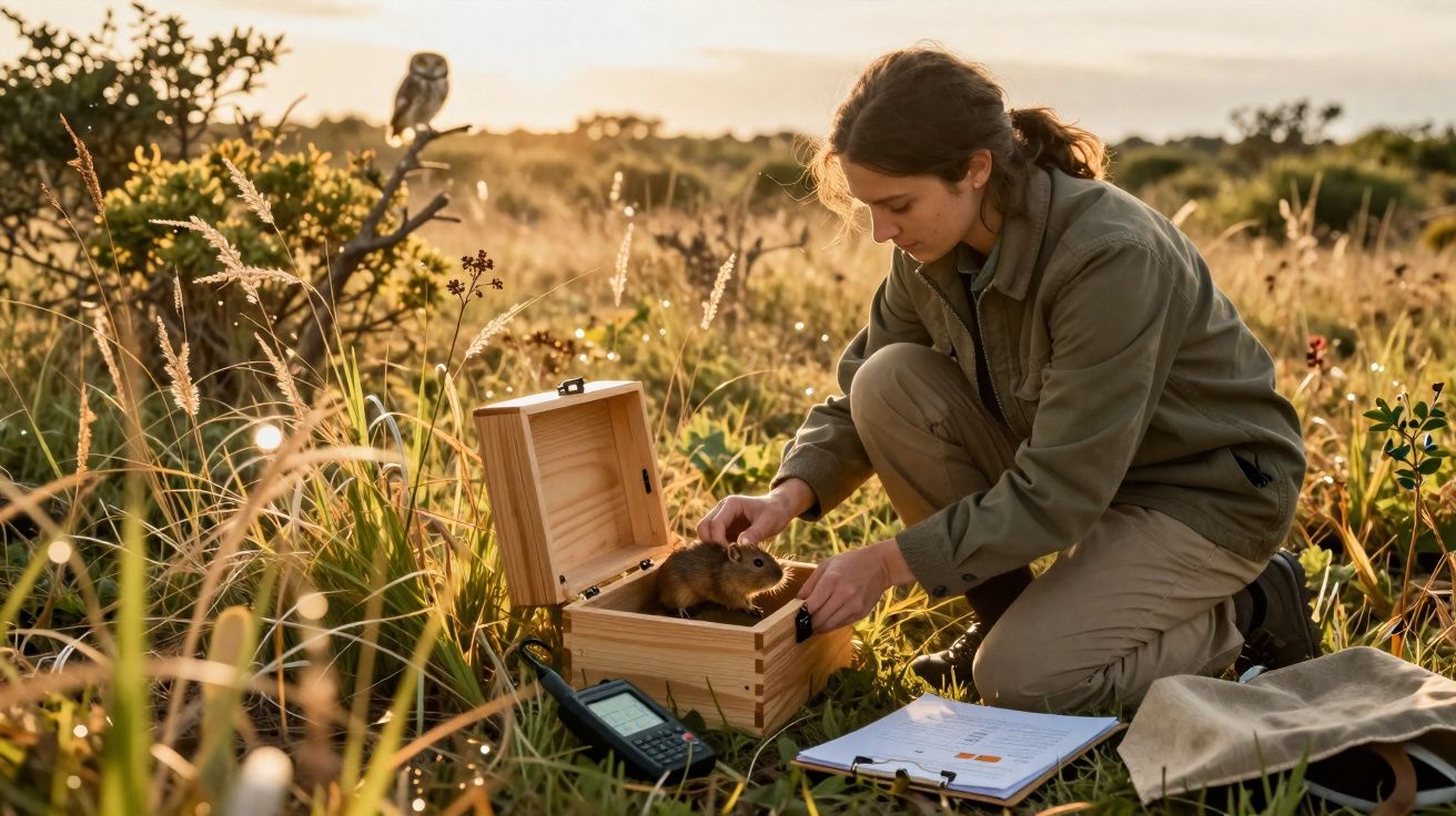 Mulher em ambiente natural a colocar rato numa caixa de madeira ao pôr do sol, com rádio e prancheta no chão.