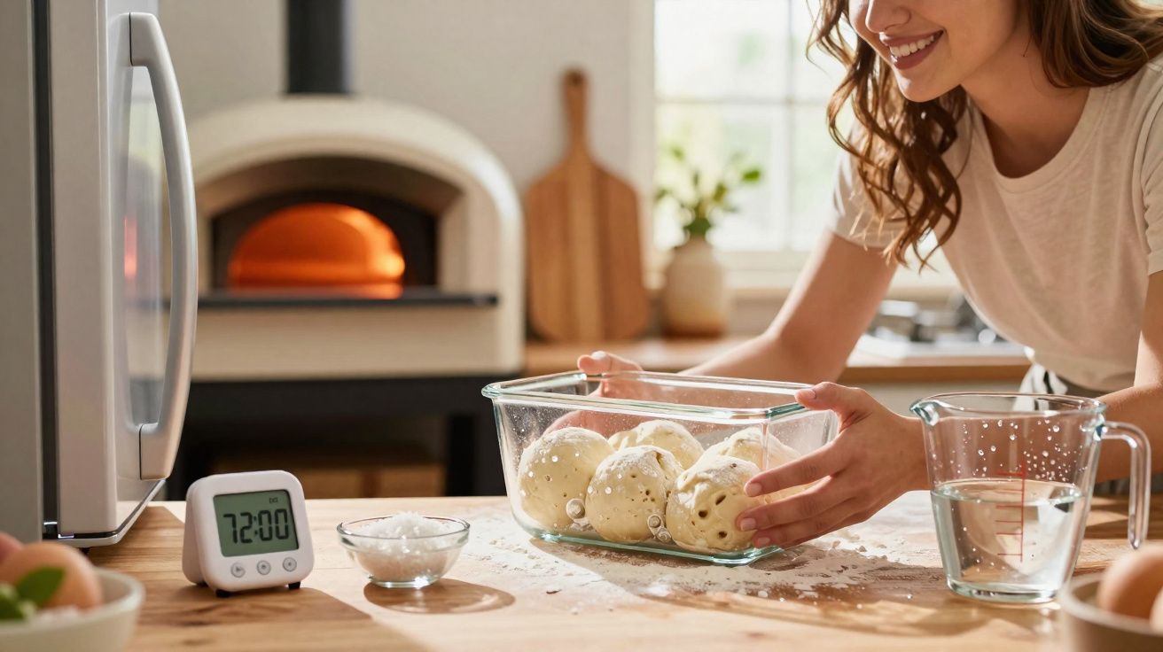 Mulher a preparar bolinhas de massa num tabuleiro de vidro numa cozinha com forno a lenha ao fundo.
