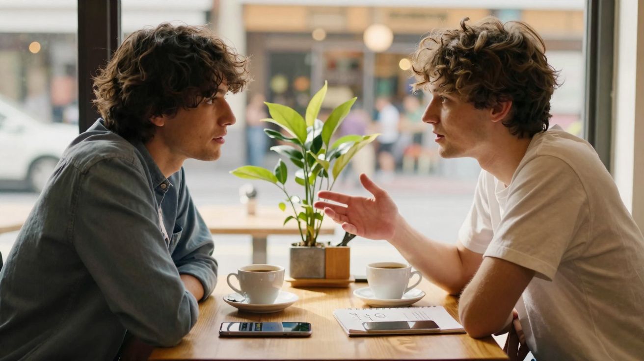Dois homens conversam sentados à mesa de um café com duas chávenas e um telemóvel à frente.