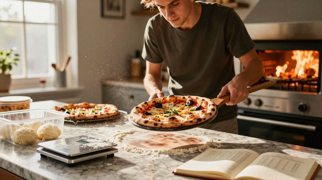 Homem retirando pizza caseira do forno numa cozinha iluminada, com ingredientes e livro aberto na bancada.