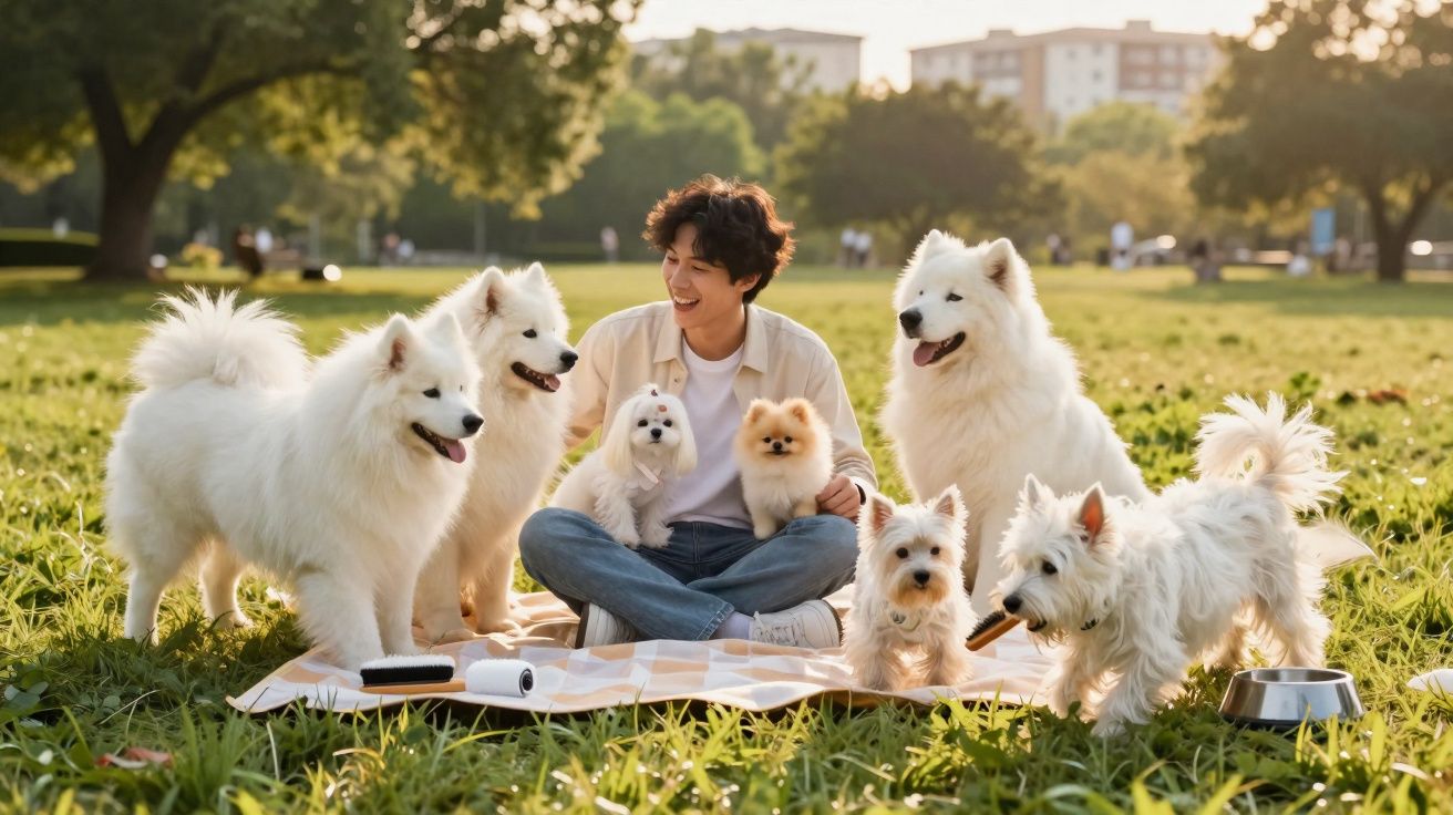 Pessoa sentada em parque rodeada por sete cães de várias raças e tamanhos, todos juntos na relva.