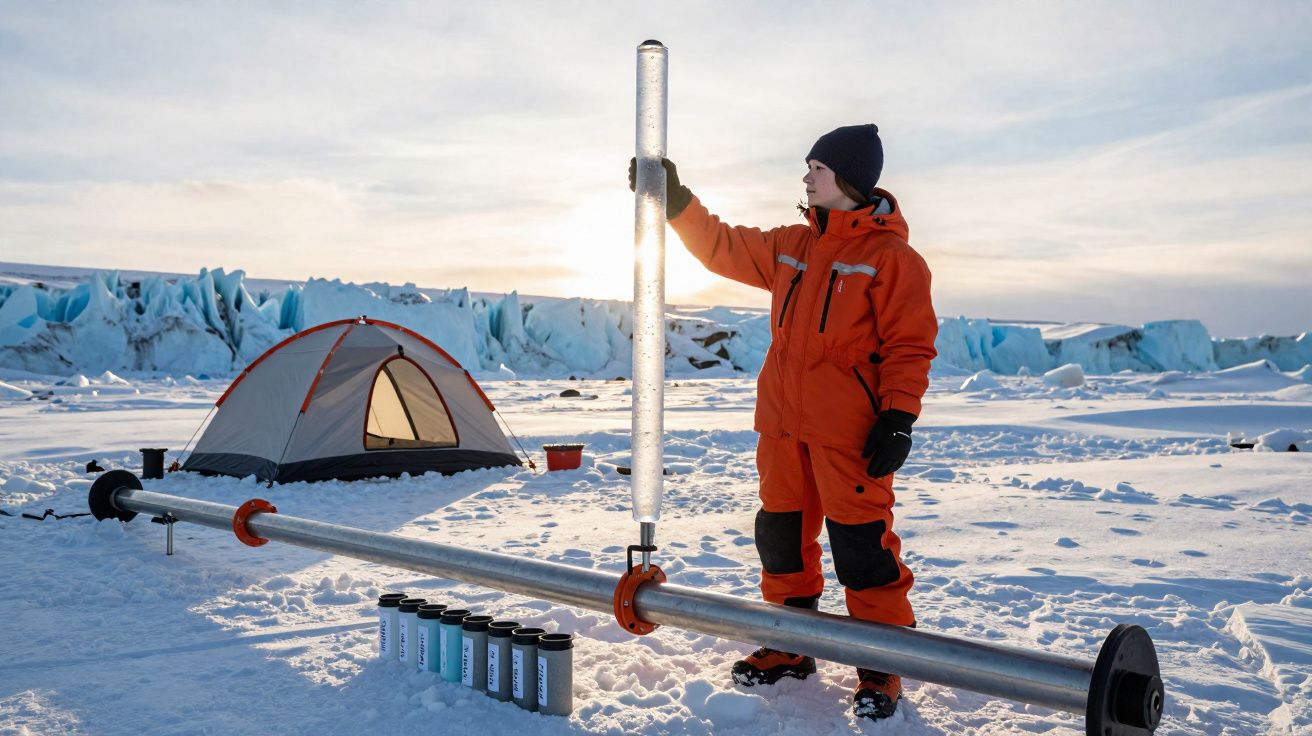 Pessoa em fato polar laranja segura amostra de gelo em paisagem nevada com glaciar e tenda ao fundo.