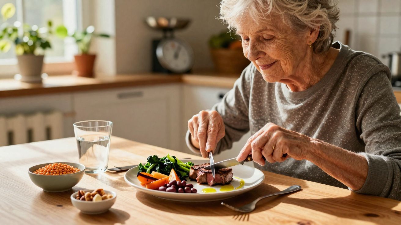 Idosa sorridente a cortar carne no prato com vegetais, numa cozinha iluminada e acolhedora.