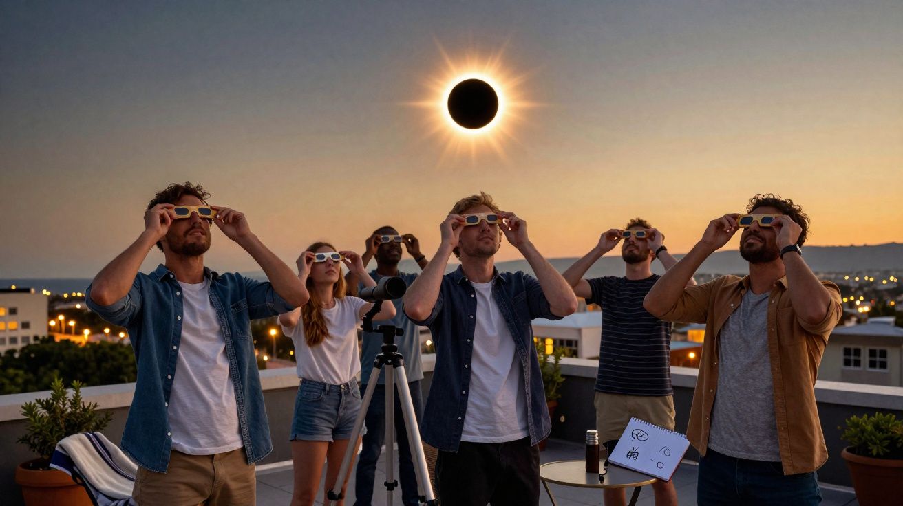 Grupo de pessoas numa varanda a observar eclipse solar com óculos especiais ao pôr do sol.