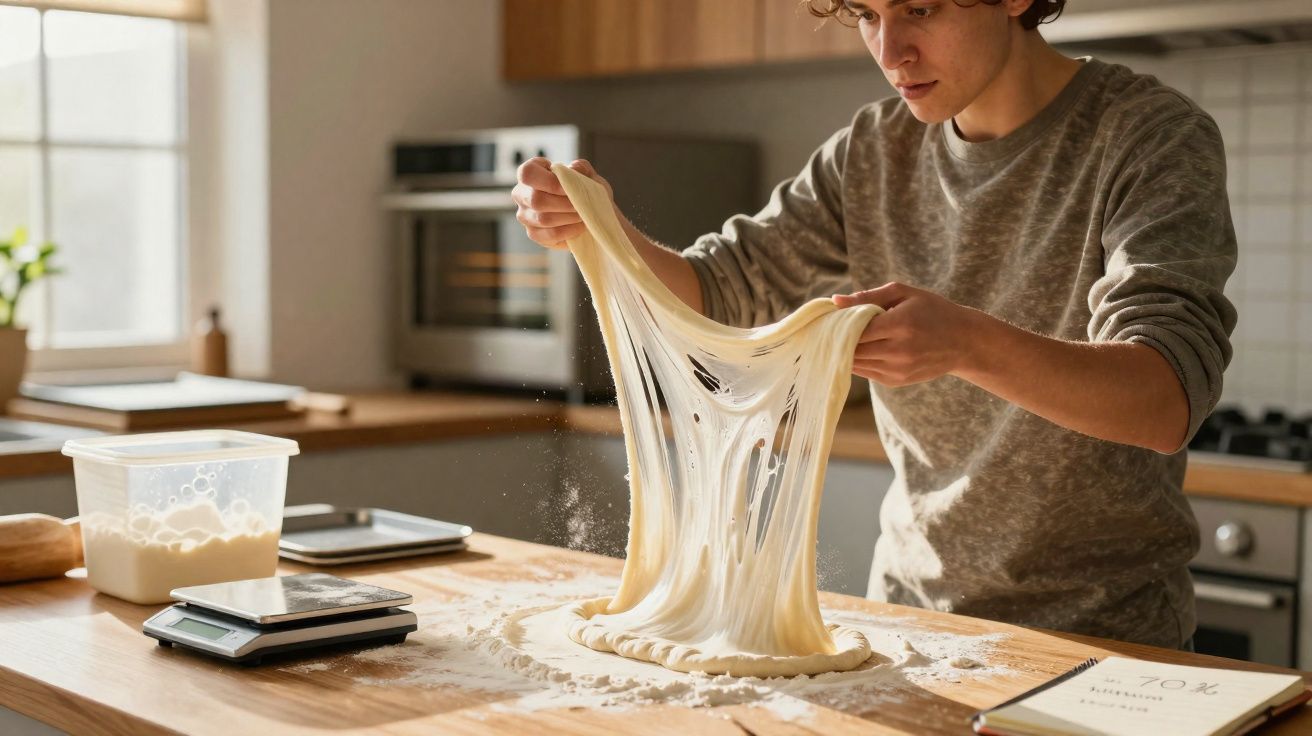 Jovem a esticar massa de pão numa cozinha moderna com farinha espalhada na bancada de madeira.