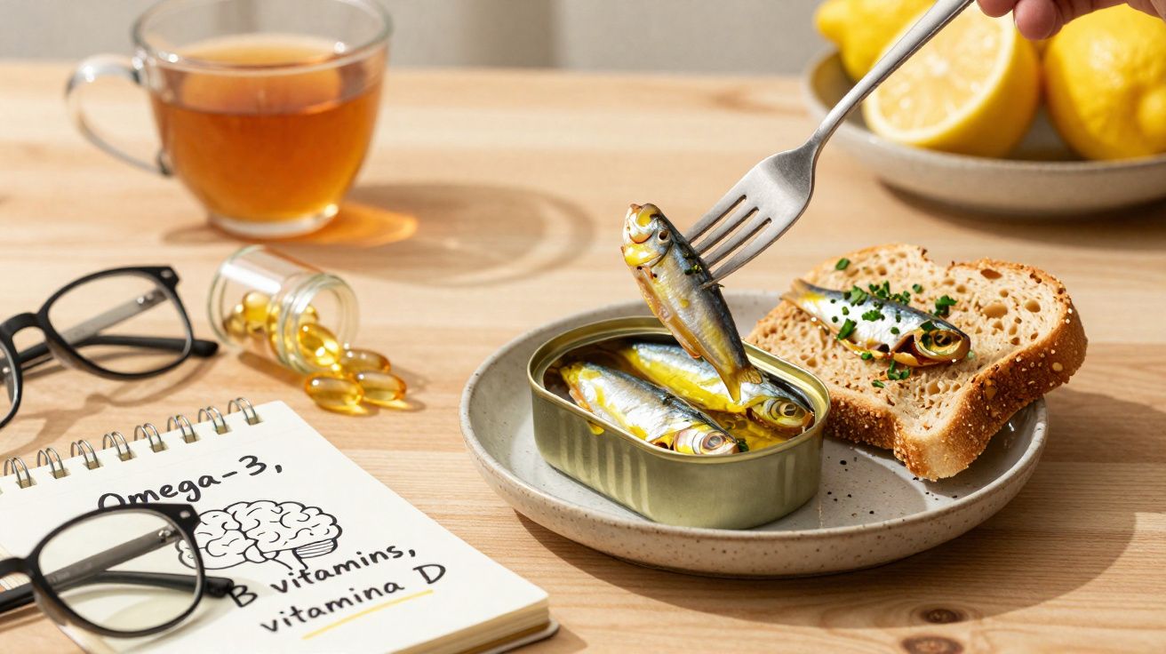 Lata aberta de sardinhas com pão, cápsulas de óleo, chá e bloco de notas com vitaminas numa mesa de madeira.