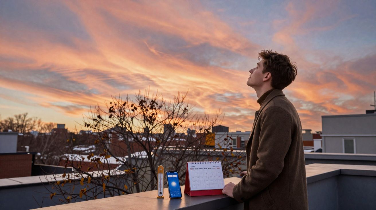 Homem de casaco castanho no terraço ao pôr do sol com calendário e telemóvel numa mesa.