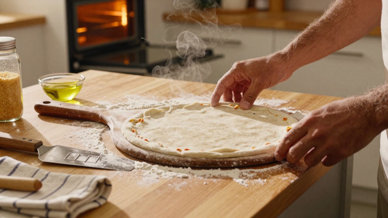 Mãos masculinas a preparar pizza sobre mesa de madeira com farinha espalhada e tabuleiro quente ao fundo.