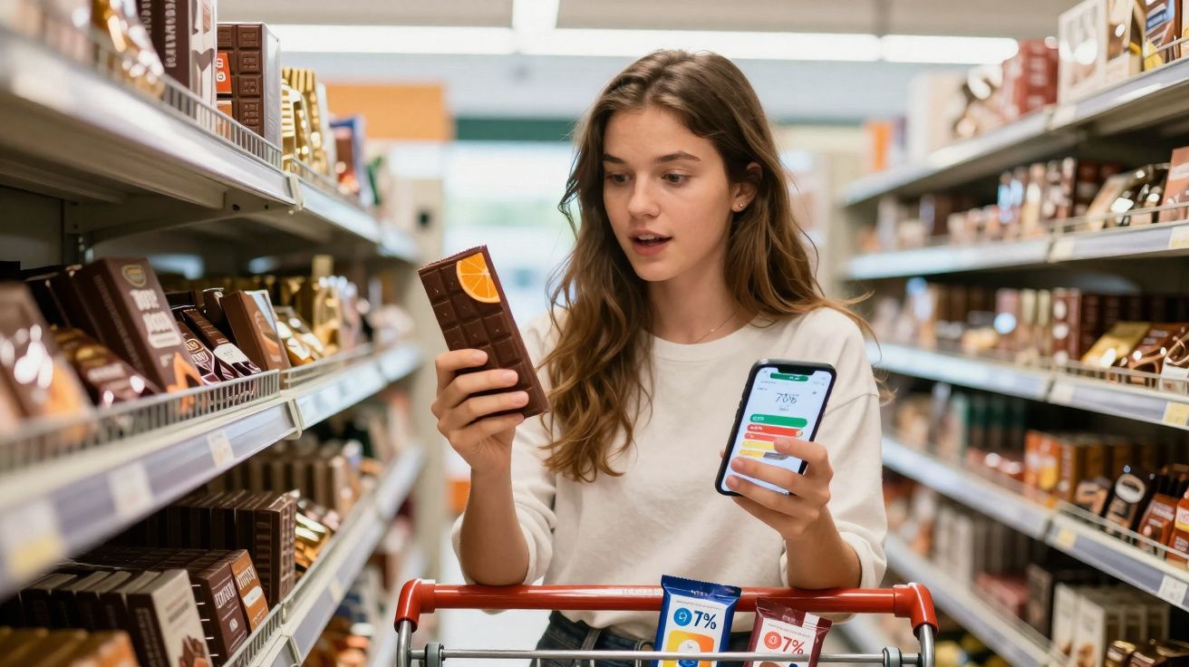 Mulher jovem a escolher barra de chocolate numa prateleira do supermercado, com telemóvel na mão.
