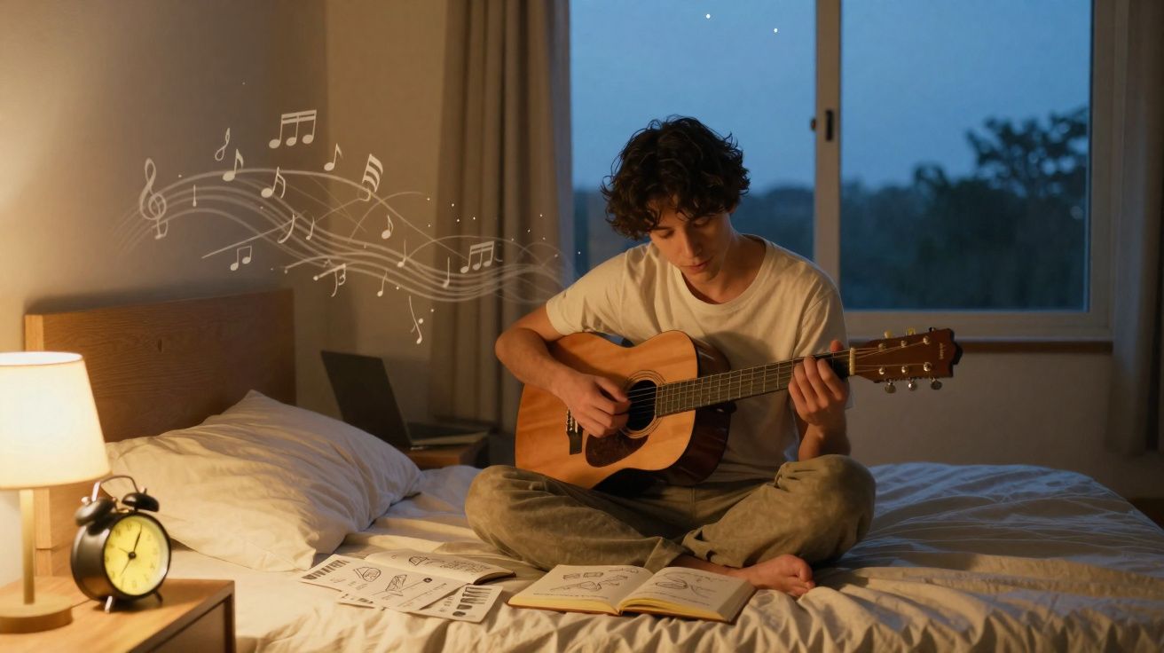 Jovem sentado na cama a tocar guitarra acústica, ao entardecer, rodeado de partituras e livro aberto.