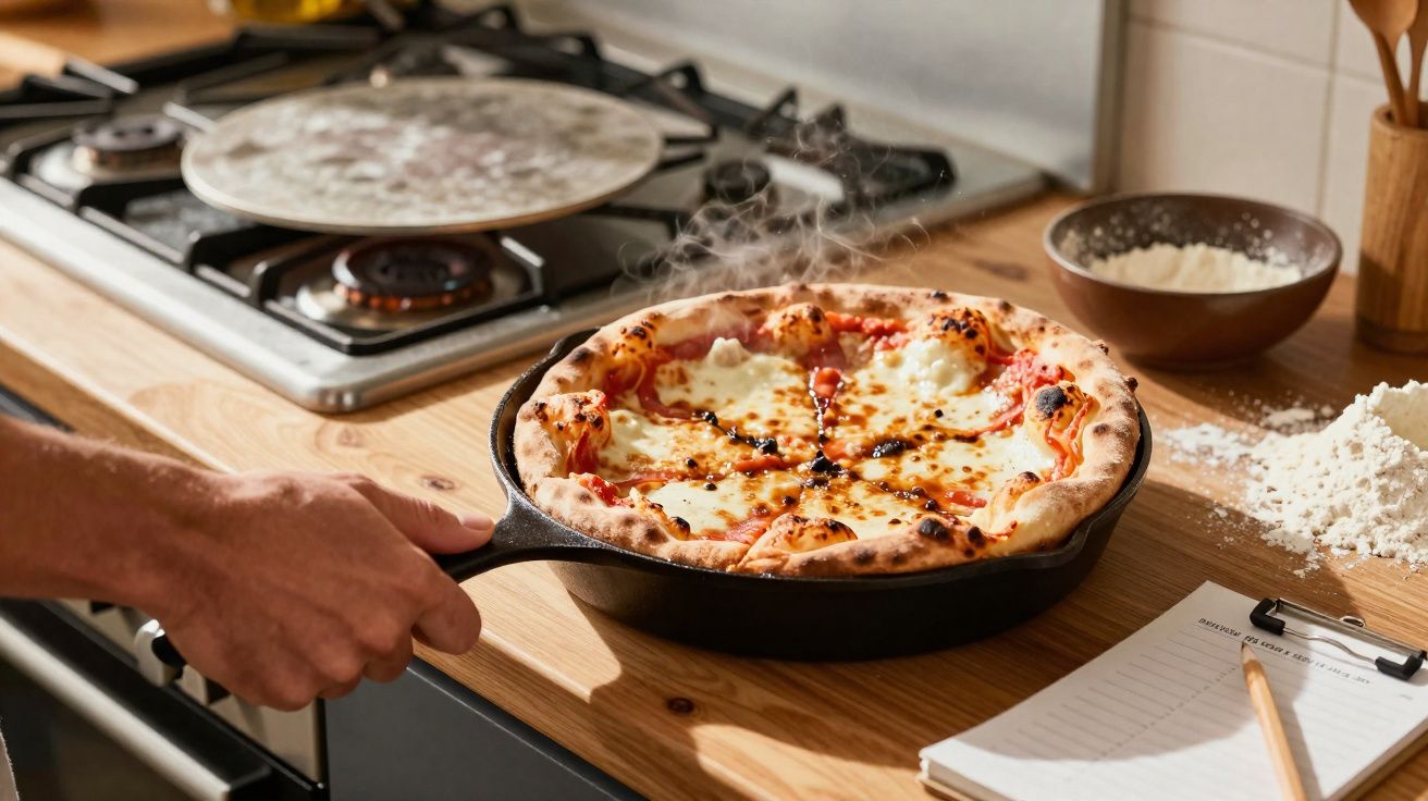Mão a segurar frigideira com pizza quente fumegante numa bancada de cozinha com farinha e lista de ingredientes.